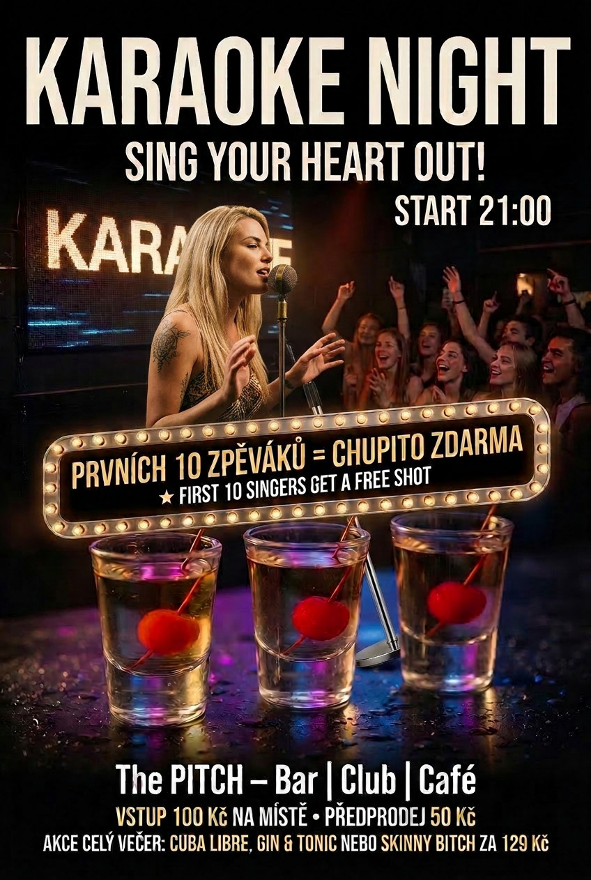Karaoke večer v The Pitch v centru Prahy se zpěvem, drinky a zábavnou atmosférou